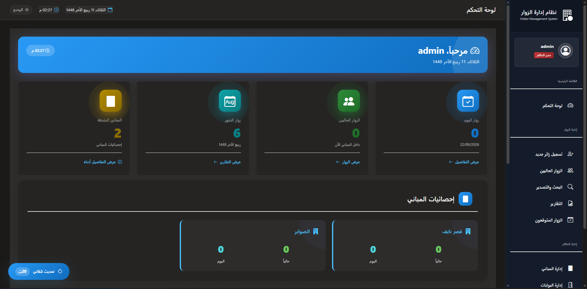 لوحة تحكّم نظام إدارة الزوار: زوّار اليوم والزوار الحاليون وإحصائيات المباني
